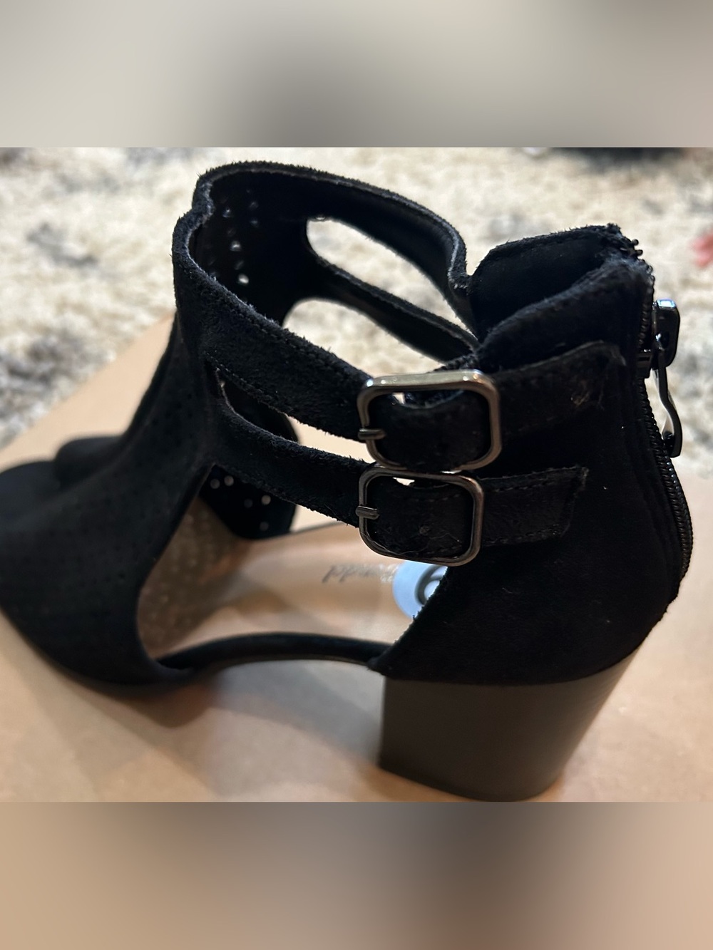 Black Suede Double-Buckle Block Heel Sandals